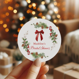 Pegatina Redonda Christmas Greenery Red Bow Bridal Shower
