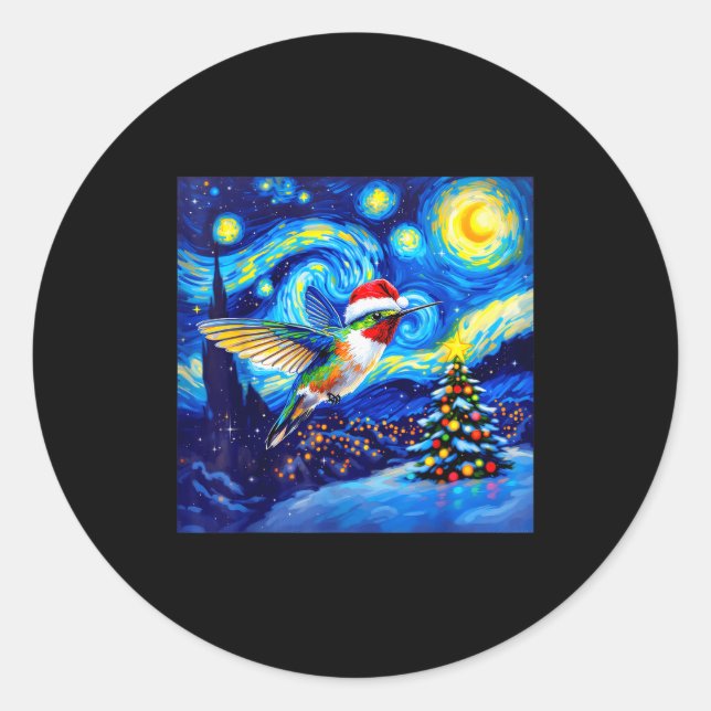 Pegatina Redonda Christmas Hummingbird Santa Hat Van Gogh Starry Ni (Anverso)