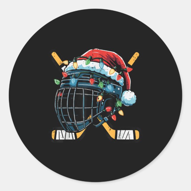 Pegatina Redonda Christmas Ice Hockey Helmet Santa Xmas Men Boys Ki (Anverso)