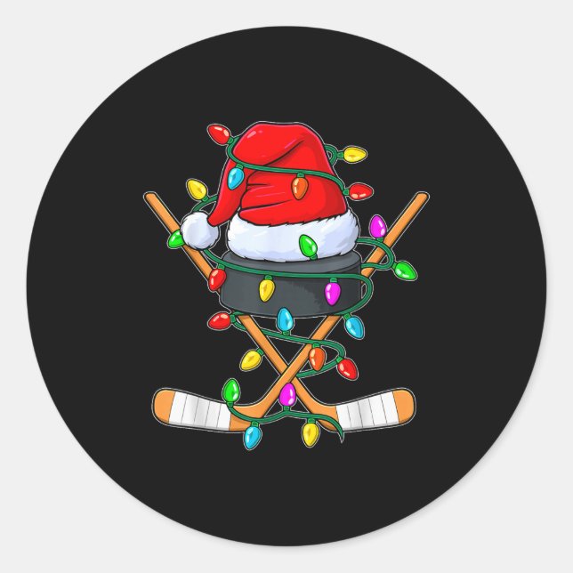 Pegatina Redonda Christmas Ice Hockey Player Santa Hat Xmas Men Boy (Anverso)