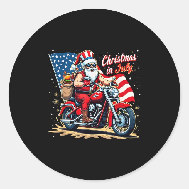 Pegatina Redonda Christmas In July Biker Santa American Funny Summe (Anverso)