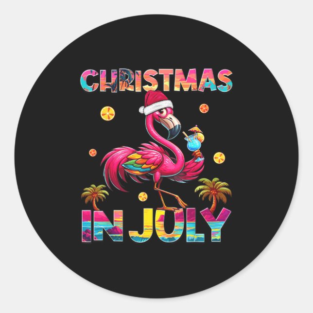 Pegatina Redonda Christmas In July Flamingo Beach Summer Hawaii Gir (Anverso)