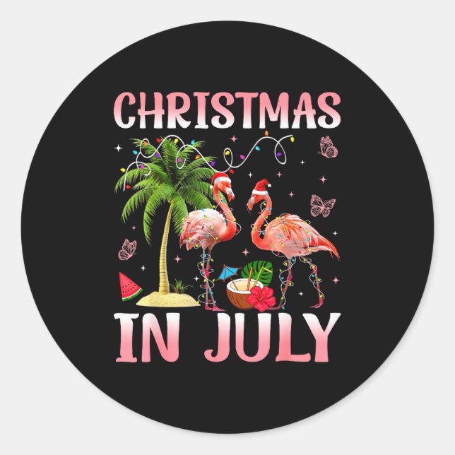 Pegatina Redonda Christmas In July Nk Flamingo Santa Hat Christmas  (Anverso)