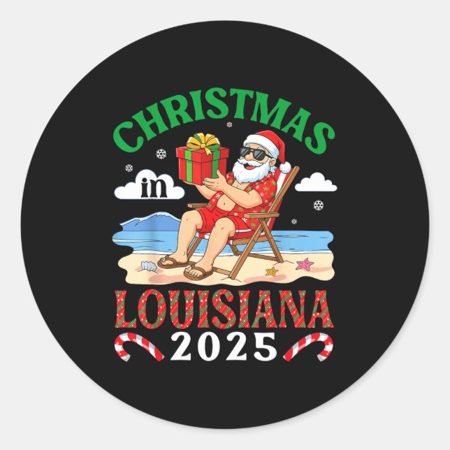 Pegatina Redonda Christmas In Louisiana 2025 Santa Beach Lounge Hol (Anverso)