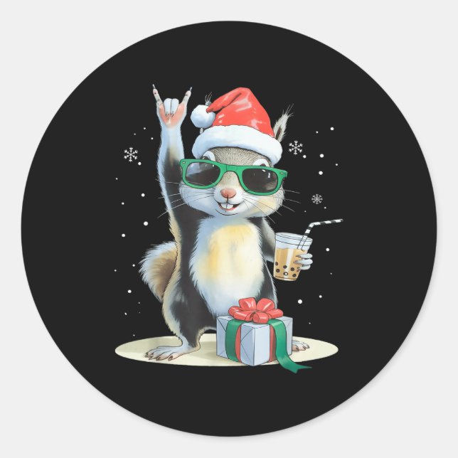 Pegatina Redonda Christmas Kawaii Squirrel Bubble Tea Boba Squirrel (Anverso)