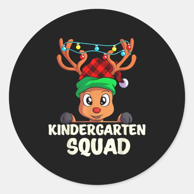 Pegatina Redonda Christmas Kindergarten Squad Red Buffalo Plaid Rei (Anverso)