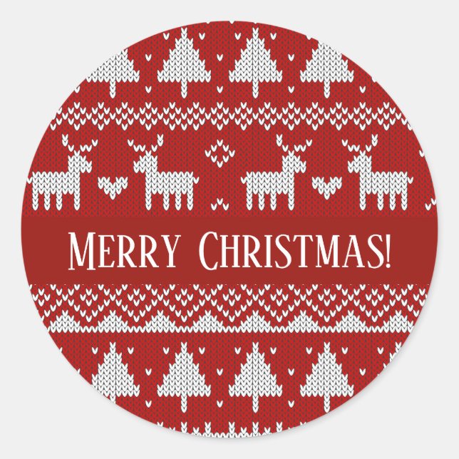 Pegatina Redonda Christmas Knitted Sweater Red and White Ornaments  (Anverso)