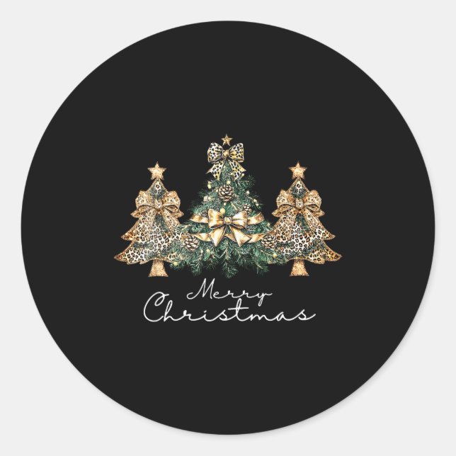 Pegatina Redonda Christmas Leopard Coquette Bow Xmas Trees Pajamas  (Anverso)