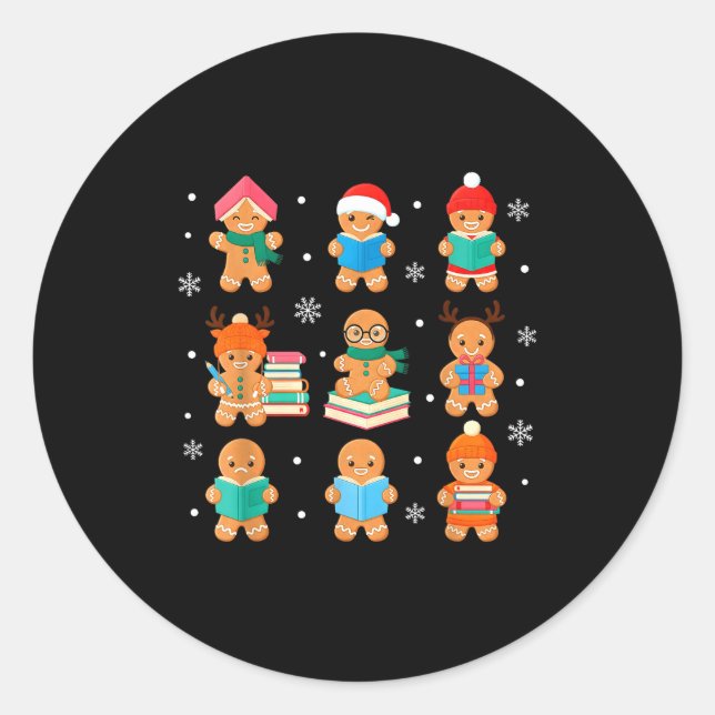 Pegatina Redonda Christmas Library Gingerbread Man Books Lover Book (Anverso)