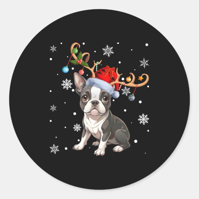 Pegatina Redonda Christmas Light Reindeer Santa Hat Boston Terrier  (Anverso)