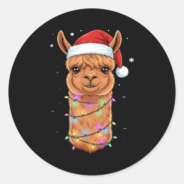 Pegatina Redonda Christmas Lights Alpaca Santa Hat Llama Cute Xmas  (Anverso)