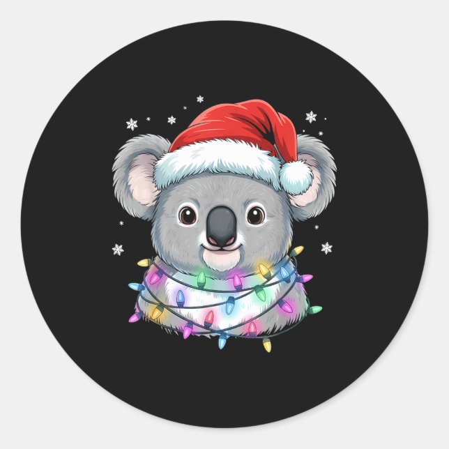 Pegatina Redonda Christmas Lights Koala Santa Hat Cute Xmas Pajamas (Anverso)