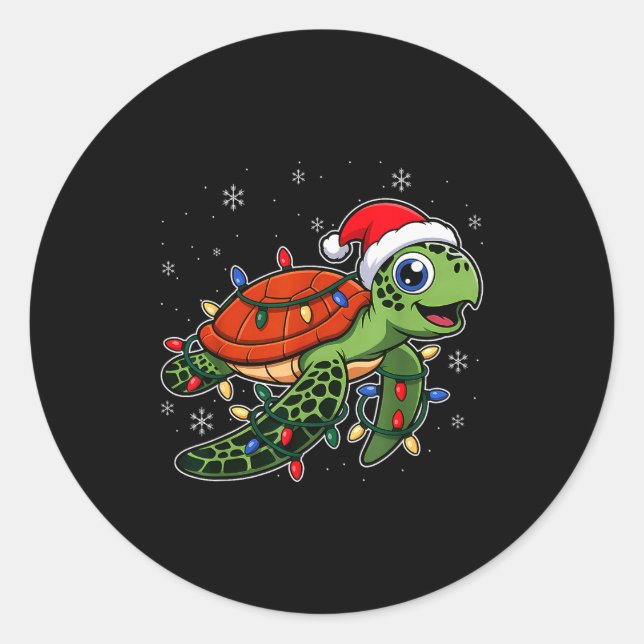 Pegatina Redonda Christmas Lights Turtle Wearing Xmas Hat - Lover  (Anverso)