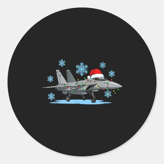 Pegatina Redonda Christmas Lights Wrapped On Cute Kids Fighter Jet  (Anverso)