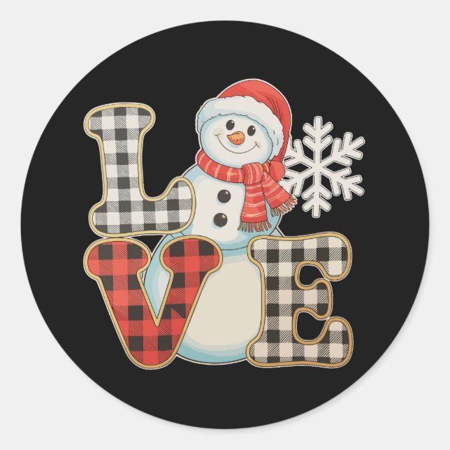 Pegatina Redonda Christmas Love Cute Snowman Buffalo Plaid Winter (Anverso)