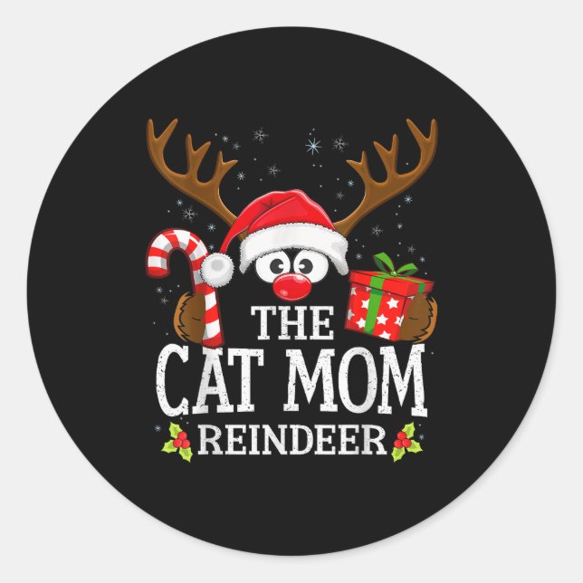 Pegatina Redonda Christmas Matching The Cat Mom Reindeer Family  (Anverso)