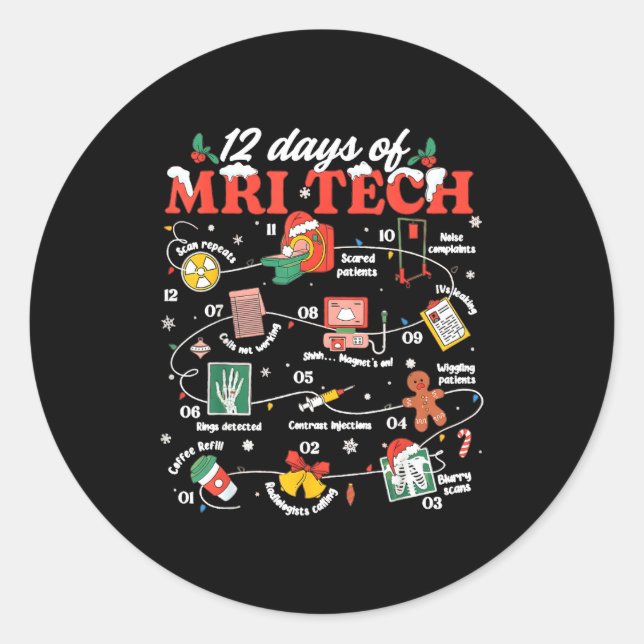 Pegatina Redonda Christmas Mri Tech 12 Days Of Mri Technician New M (Anverso)