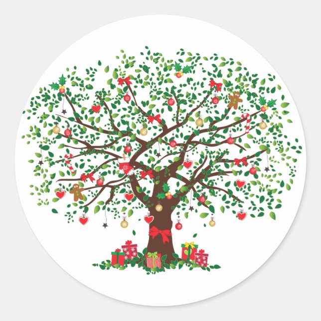 Pegatina Redonda Christmas Oak Tree with Presents (Anverso)