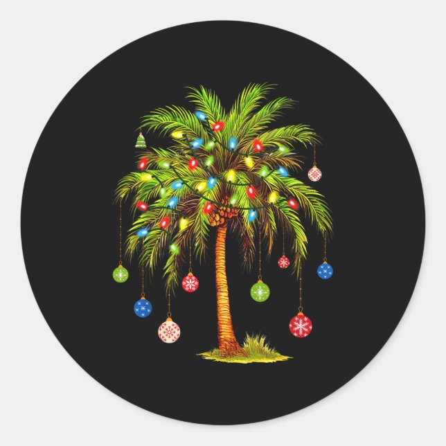 Pegatina Redonda Christmas Palm Tree Light Hawaiian Trocal Xmas  (Anverso)