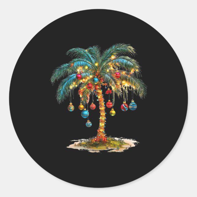 Pegatina Redonda Christmas Palm Tree Women Funny Hawaiian Beach Tro (Anverso)