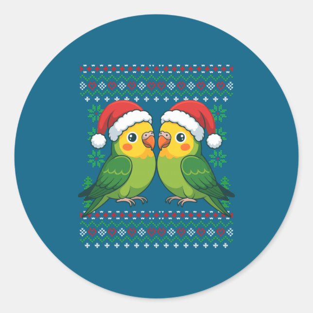 Pegatina Redonda Christmas Parakeet Ugly Xmas Sweater Parakeets Lon (Anverso)