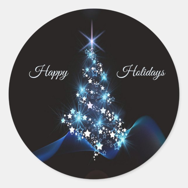 Pegatina Redonda Christmas Party Blue Tree Shiny Black Elegant (Anverso)