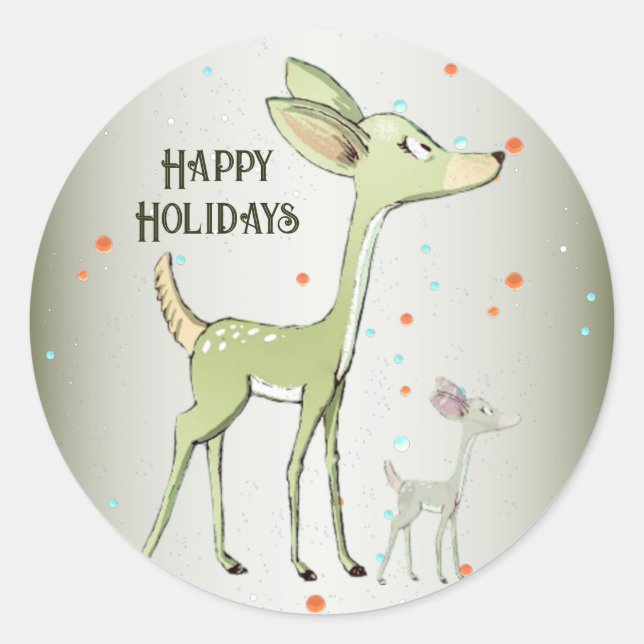 Pegatina Redonda Christmas Party Green Deers Holidays Cute (Anverso)
