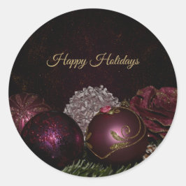 Pegatina Redonda Christmas Party Pink Ornament Green Leaves Black