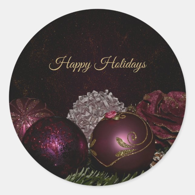 Pegatina Redonda Christmas Party Pink Ornament Green Leaves Black (Anverso)
