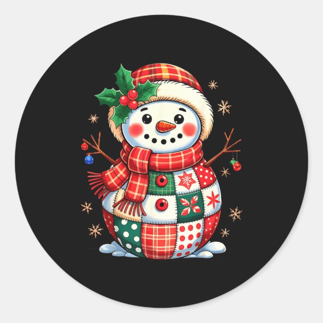 Pegatina Redonda Christmas Patchwork Snowman - Quilted Holiday Aest (Anverso)