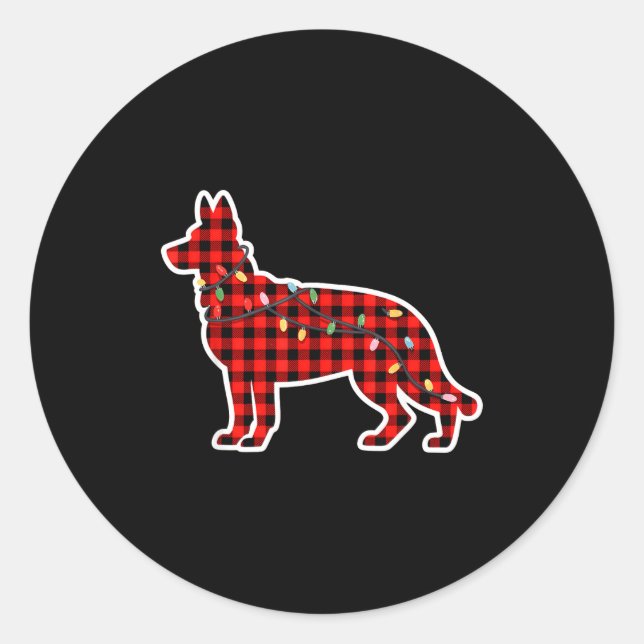 Pegatina Redonda Christmas Red And Black Buffalo Plaid German Sheph (Anverso)