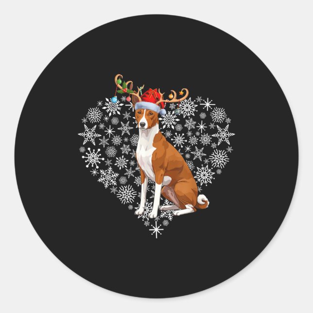 Pegatina Redonda Christmas Reindeer Santa Hat Basenji Lovers Xmas  (Anverso)