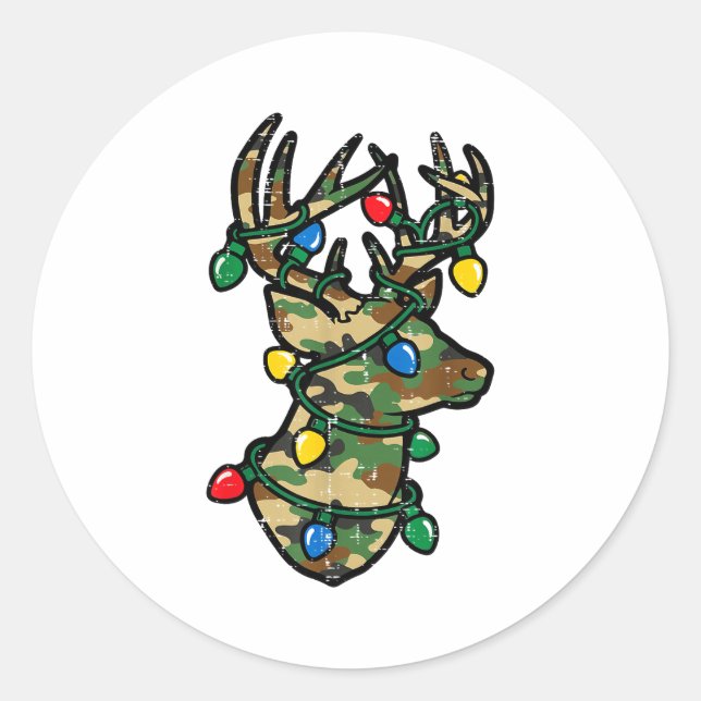 Pegatina Redonda Christmas Reindeer Silhouette Camo Xmas Lights Men (Anverso)