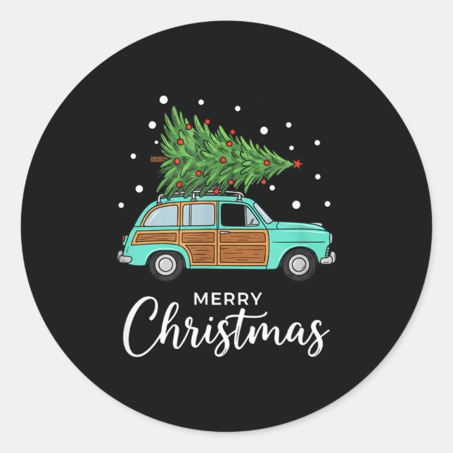 Pegatina Redonda Christmas Retro Car With Christmas Tree - Merry Me (Anverso)