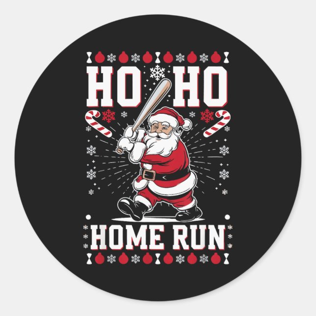 Pegatina Redonda Christmas Santa Baseball Home Run Ho Ho Home Run , (Anverso)