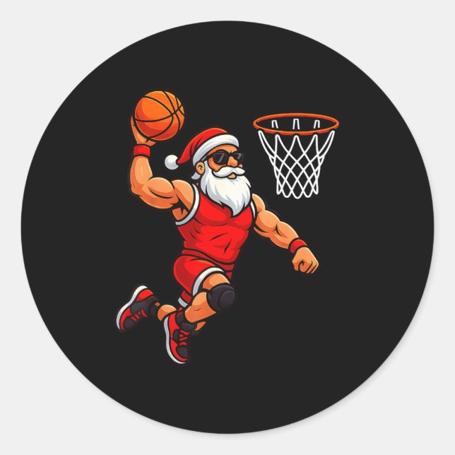 Pegatina Redonda Christmas Santa Basketball Player Dunking Basketba (Anverso)