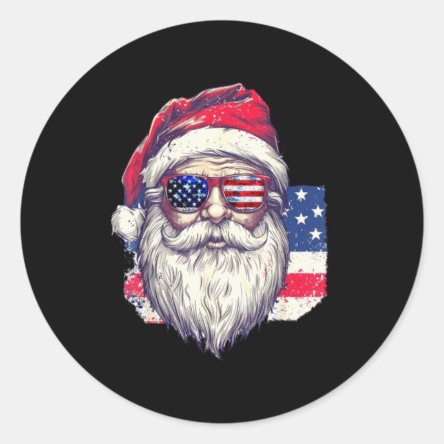 Pegatina Redonda Christmas Santa Claus Patriotic Usa Sungles In Jul (Anverso)