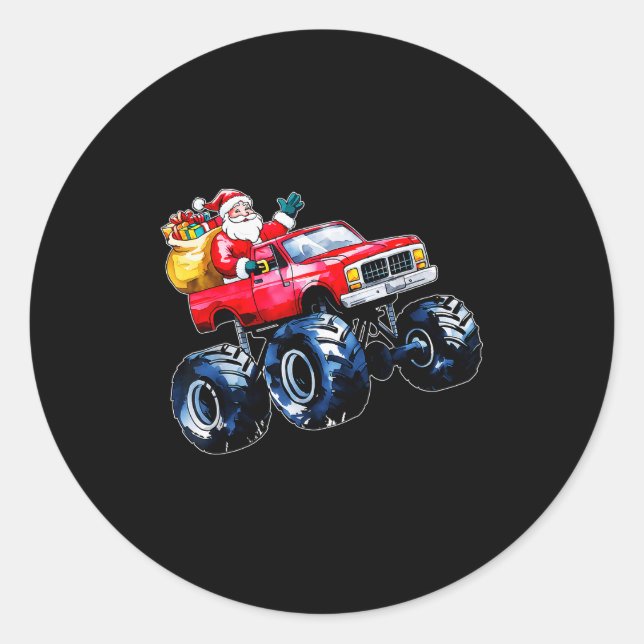 Pegatina Redonda Christmas Santa Monster Truck Xmas Boys Kids Toddl (Anverso)