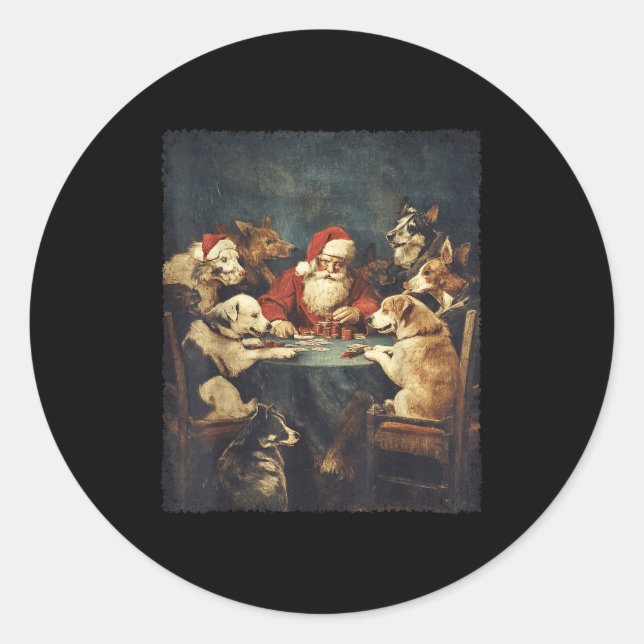 Pegatina Redonda Christmas Santa Playing Cards Dogs Playing Ker  (Anverso)