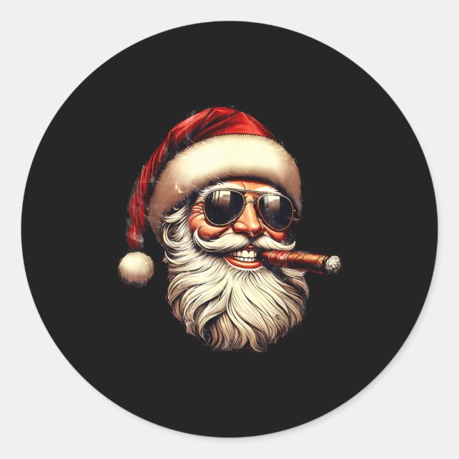 Pegatina Redonda Christmas Santa Smoking Cigar With Sungl Cigar Smo (Anverso)