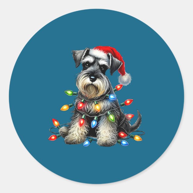 Pegatina Redonda Christmas Schnauzer Dog Santa Hat Xmas Light Holid (Anverso)