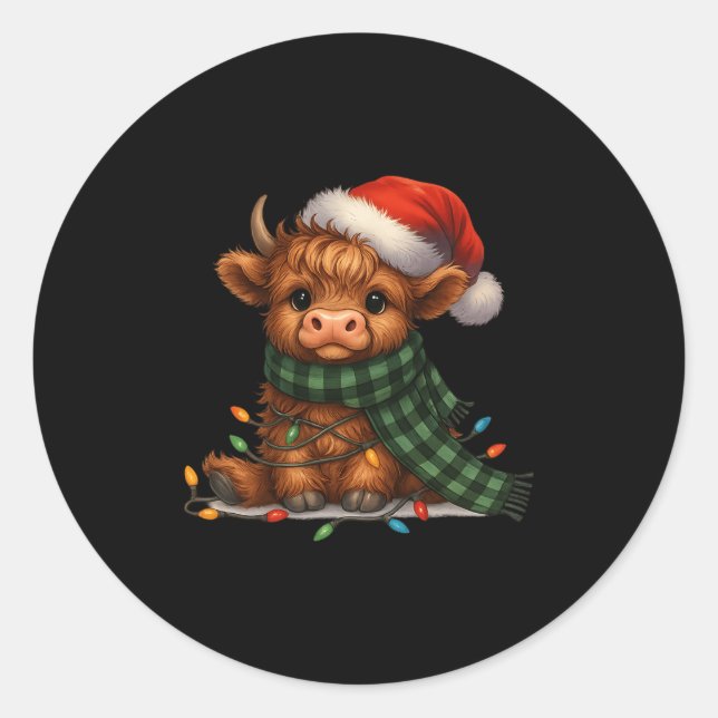 Pegatina Redonda Christmas Scottish Highland Cow Santa Xmas Farm An (Anverso)