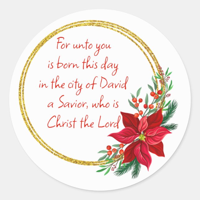 Pegatina Redonda Christmas Scripture Luke 2:11 Pointsettia (Anverso)
