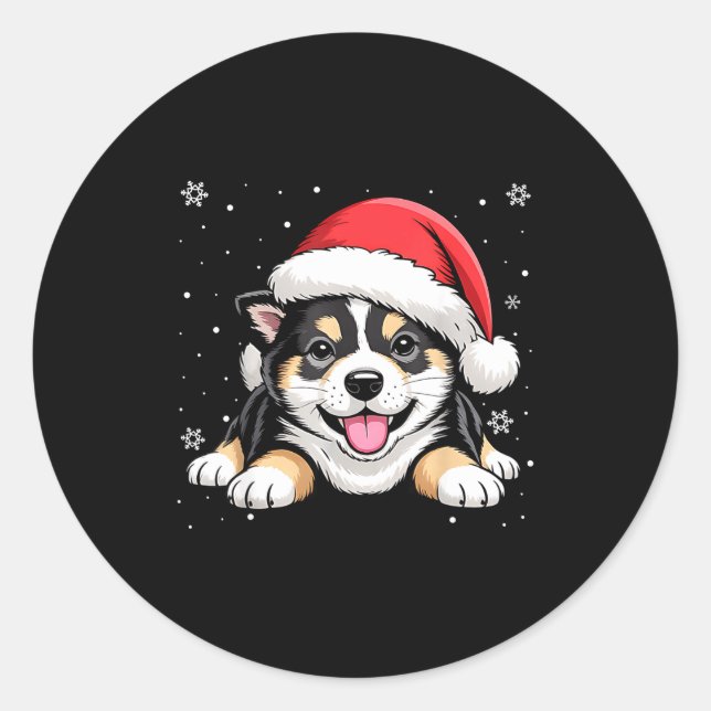 Pegatina Redonda Christmas Shiba Inu Dog Wearing Santa Hat Pet Anim (Anverso)