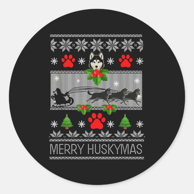 Pegatina Redonda Christmas Siberian Husky Dog Husky Ugly Merry Husk (Anverso)