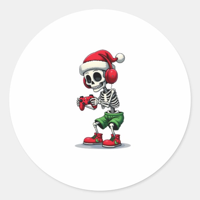 Pegatina Redonda Christmas skeleton Gamer Pajamas xmas skull gaming (Anverso)