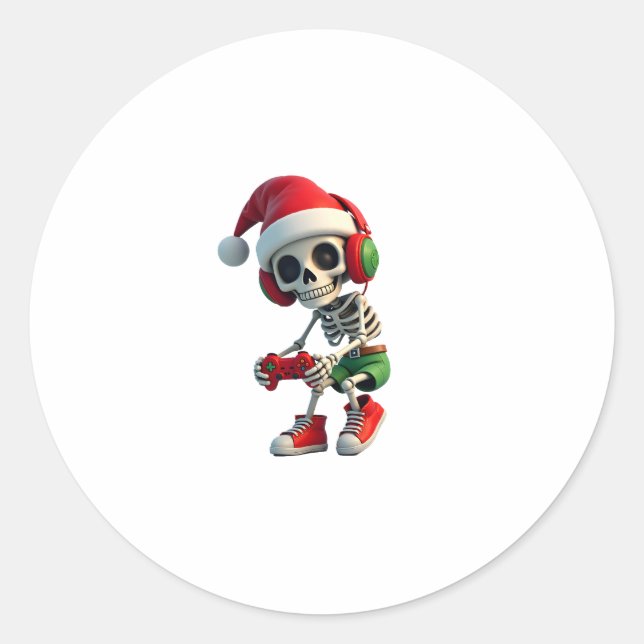 Pegatina Redonda Christmas skeleton Gamer Pajamas xmas skull gaming (Anverso)
