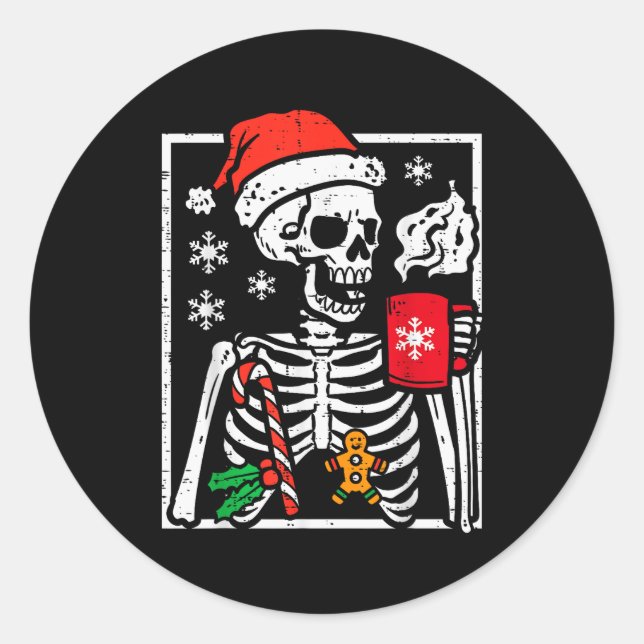 Pegatina Redonda Christmas Skeleton Hot Chocolate Xmas Men Women Ki (Anverso)