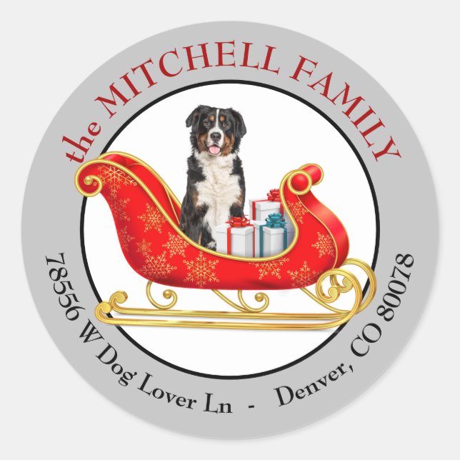Pegatina Redonda Christmas Sleigh Bernese Mountain Dog Address (Anverso)