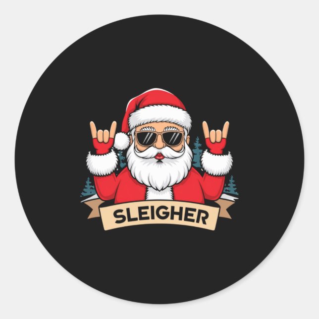 Pegatina Redonda Christmas Sleigher Santa Rock Xmas Rocker  (Anverso)